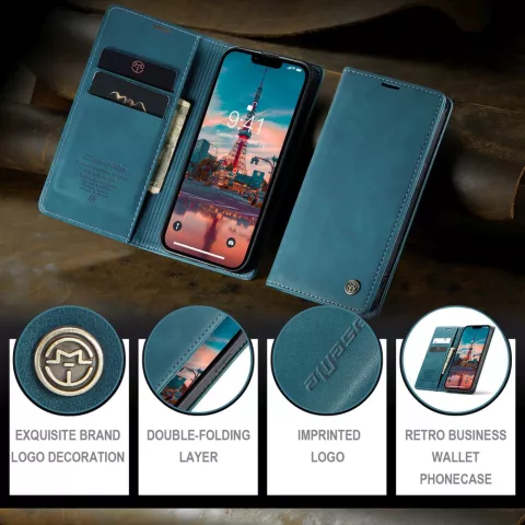 &Eacute;tui portefeuille r&eacute;tro Caseme compatible avec iPhone 15 - Bleu