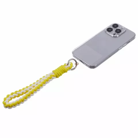 Cordon T&eacute;l&eacute;phonique Bracelet Tress&eacute; En Corde Robuste Avec Plaque De Fixation Pour T&eacute;l&eacute;phone Smartphone - Jaune Blanc