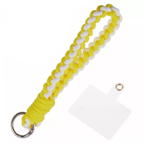 Cordon T&eacute;l&eacute;phonique Bracelet Tress&eacute; En Corde Robuste Avec Plaque De Fixation Pour T&eacute;l&eacute;phone Smartphone - Jaune Blanc