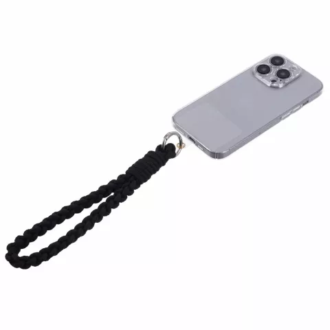 Cordon T&eacute;l&eacute;phonique Bracelet Tress&eacute; En Corde Robuste Avec Plaque De Fixation Pour T&eacute;l&eacute;phone Smartphone - Noir