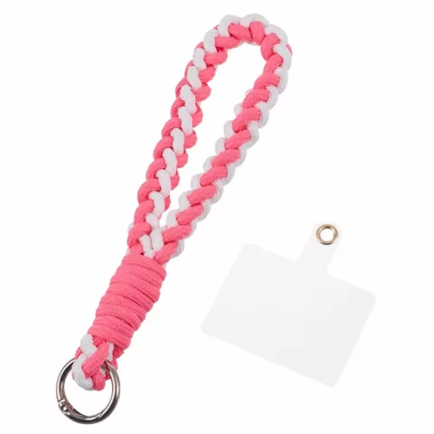 Cordon T&eacute;l&eacute;phonique Bracelet Tress&eacute; En Corde Robuste Avec Plaque De Fixation Pour T&eacute;l&eacute;phone Smartphone - Rose Blanc