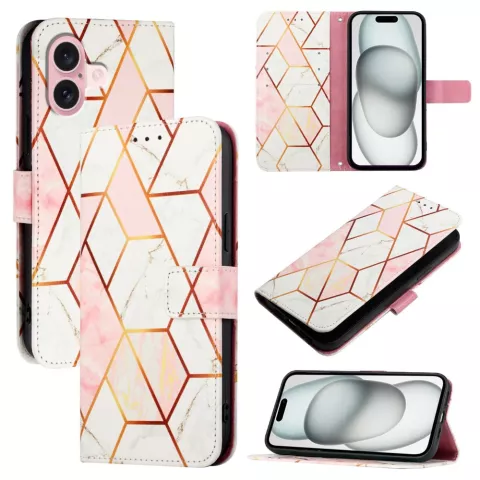 &Eacute;tui en simili cuir Rose Marble Wallet compatible avec iPhone 16 Plus - blanc et rose