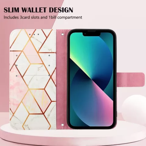 &Eacute;tui en simili cuir Rose Marble Wallet compatible avec iPhone 16 Pro Max - blanc et rose