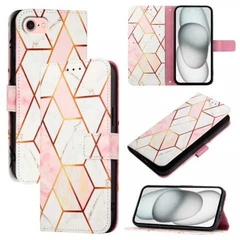 &Eacute;tui en cuir artificiel Rose Marble Wallet compatible avec iPhone 16e - blanc et rose